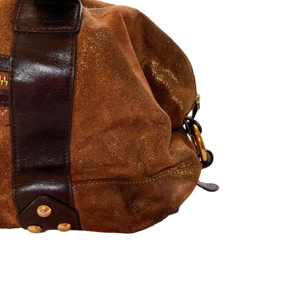 MARCIANO Metallic Brown Kid Skin and Leather Satchel Shoulder Bag Purse PreOwned - Picture 4 of 10